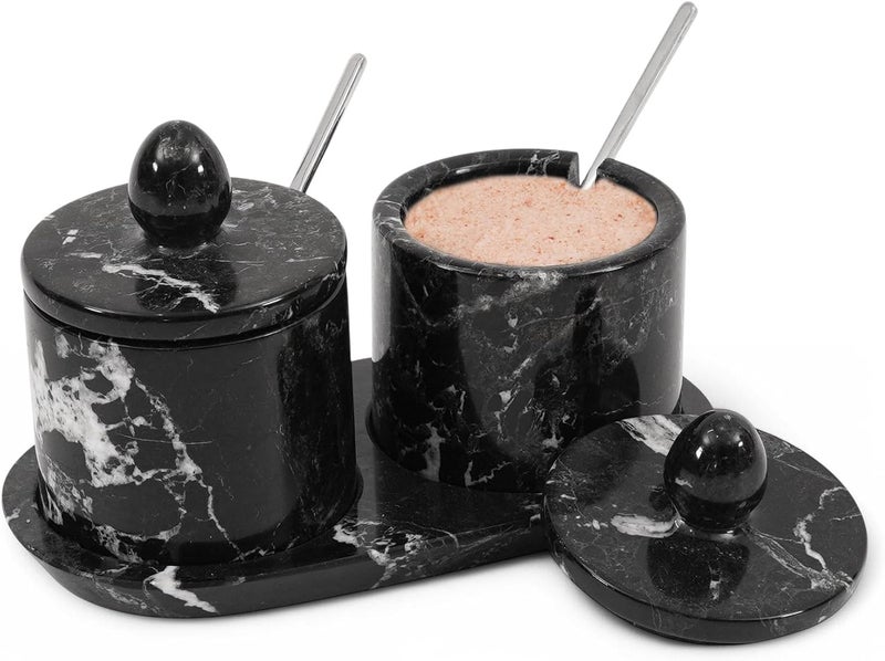 MARBLE RANGE Marble Salt Cellar with Lid and tray 4 Inch Black Handmade Salt Container, Set of 2 Seasoning Jars, Spice Storage Containers for Kitchen Countertop, Sugar Bowl - Image 1